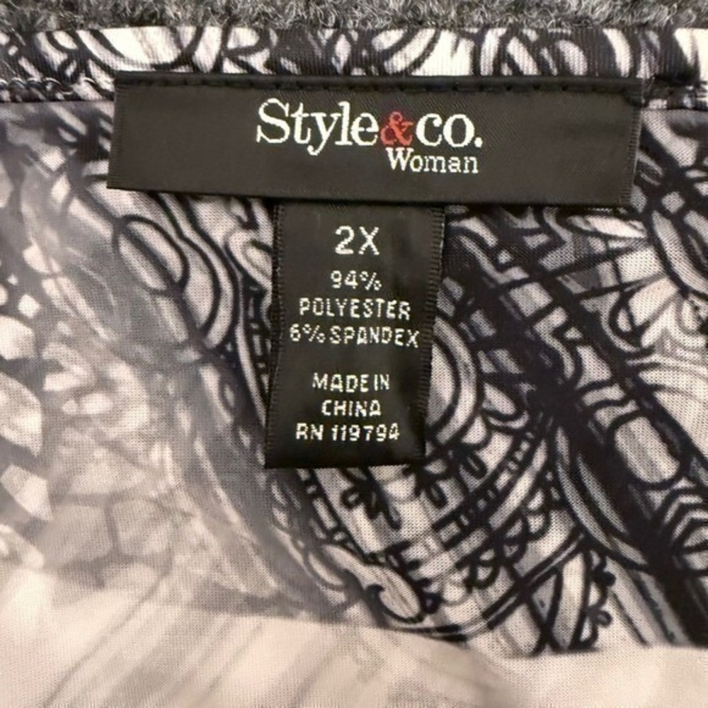 Style & Co Woman 2X Plus Size Butterfly Sleeve Top Black White Marble Blouse - Picture 4 of 9